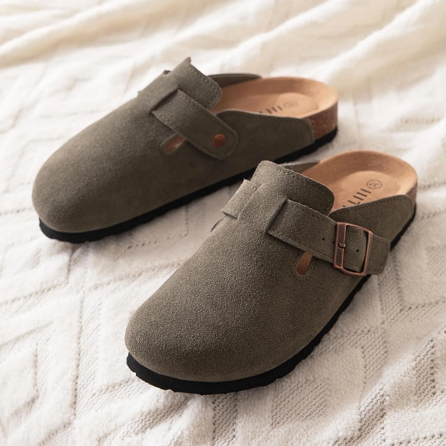 Women's Suede Clogs Cork Footbed Clogs for Women Soft Leather Adjustable Buckle Slip-on Potato Shoes Sandals