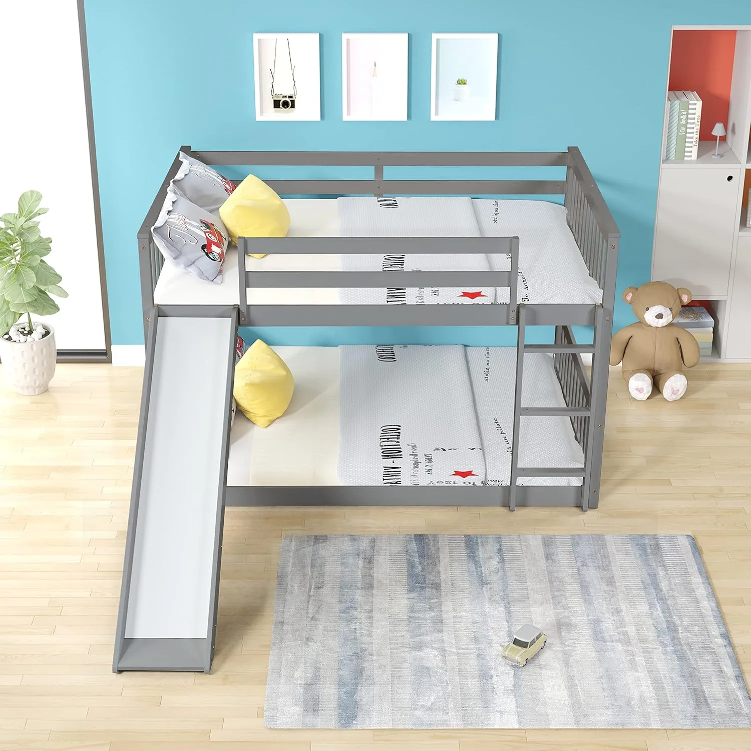 Wood Full Over Full Floor Bunk Bed with Slide and Ladder,for Kids Teens Boys Girls Bedroom Use (Gray@Z, Full Over Full)