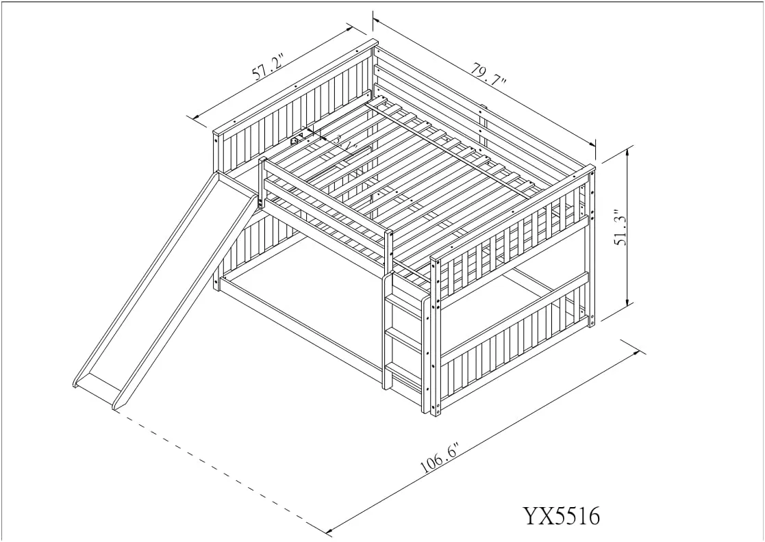 Wood Full Over Full Floor Bunk Bed with Slide and Ladder,for Kids Teens Boys Girls Bedroom Use (Gray@Z, Full Over Full)