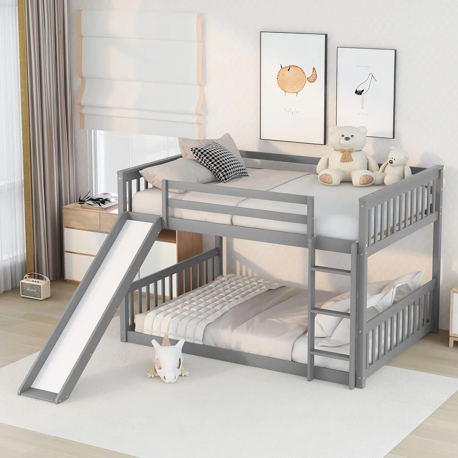 Wood Full Over Full Floor Bunk Bed with Slide and Ladder,for Kids Teens Boys Girls Bedroom Use (Gray@Z, Full Over Full)
