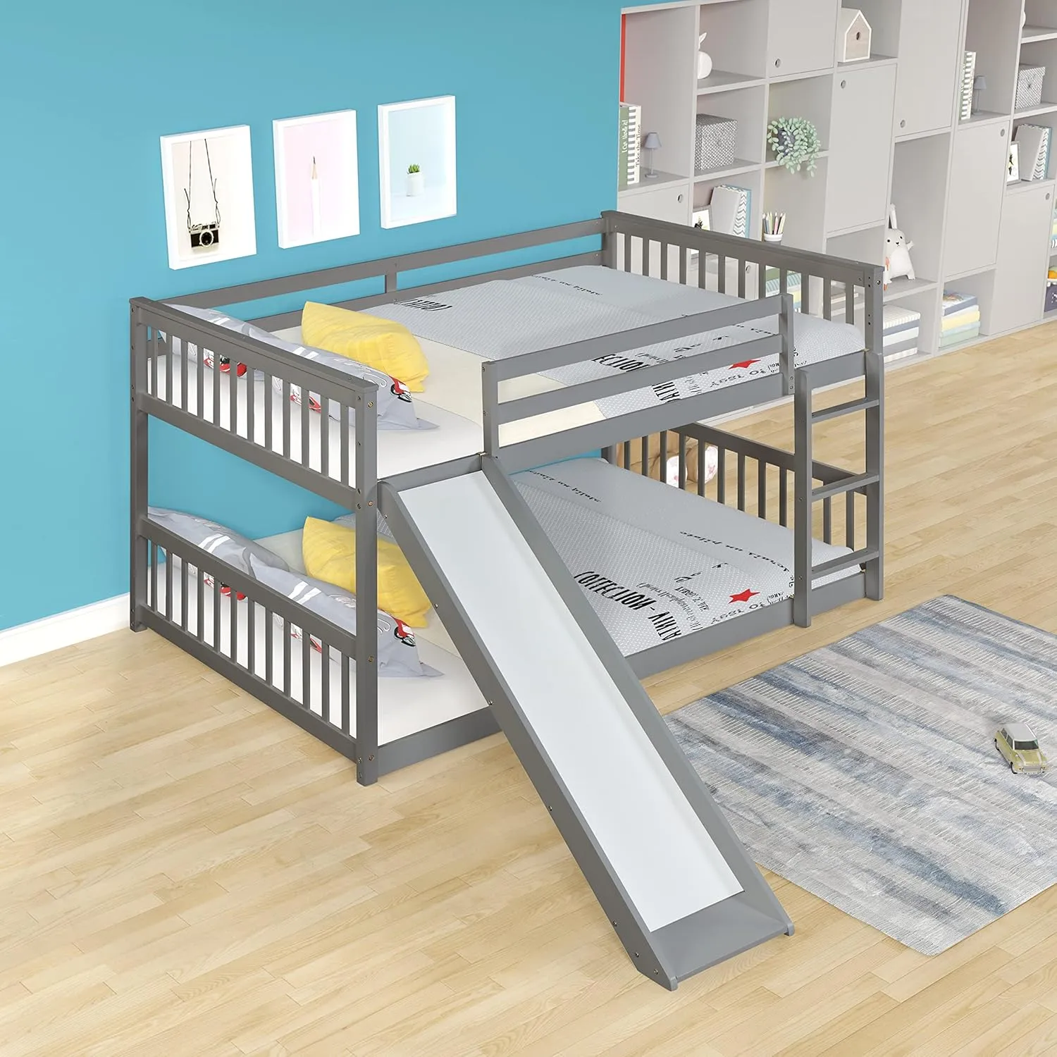 Wood Full Over Full Floor Bunk Bed with Slide and Ladder,for Kids Teens Boys Girls Bedroom Use (Gray@Z, Full Over Full)