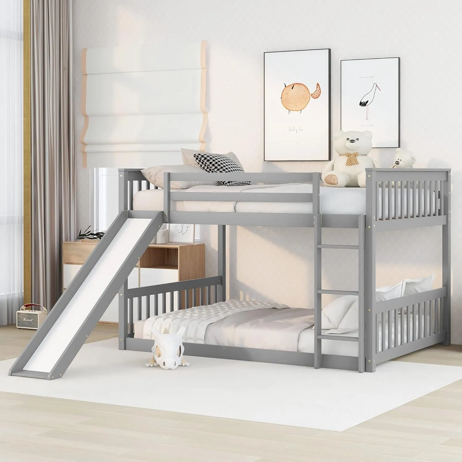 Wood Full Over Full Floor Bunk Bed with Slide and Ladder,for Kids Teens Boys Girls Bedroom Use (Gray@Z, Full Over Full)