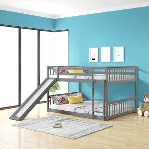 Wood Full Over Full Floor Bunk Bed with Slide and Ladder,for Kids Teens Boys Girls Bedroom Use (Gray@Z, Full Over Full)