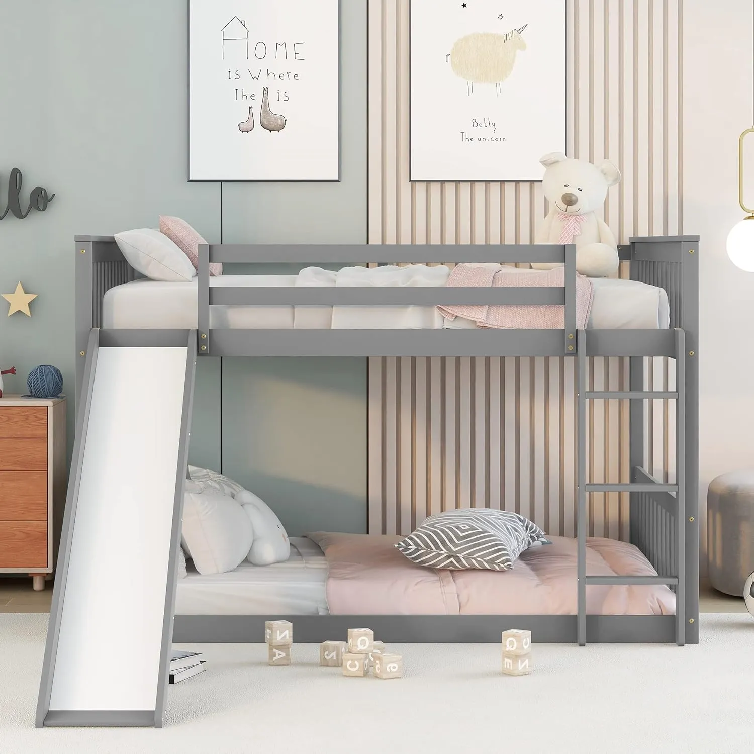 Wood Full Over Full Floor Bunk Bed with Slide and Ladder,for Kids Teens Boys Girls Bedroom Use (Gray@Z, Full Over Full)