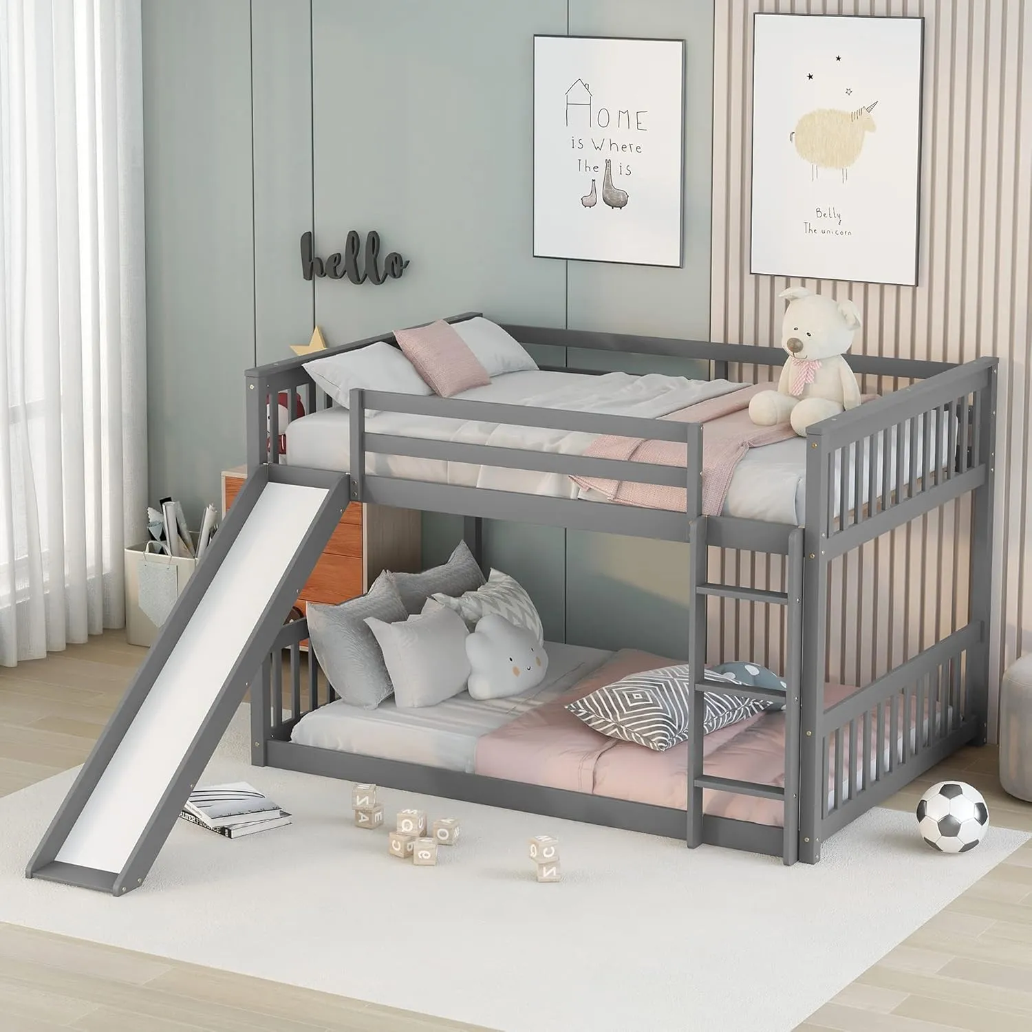 Wood Full Over Full Floor Bunk Bed with Slide and Ladder,for Kids Teens Boys Girls Bedroom Use (Gray@Z, Full Over Full)