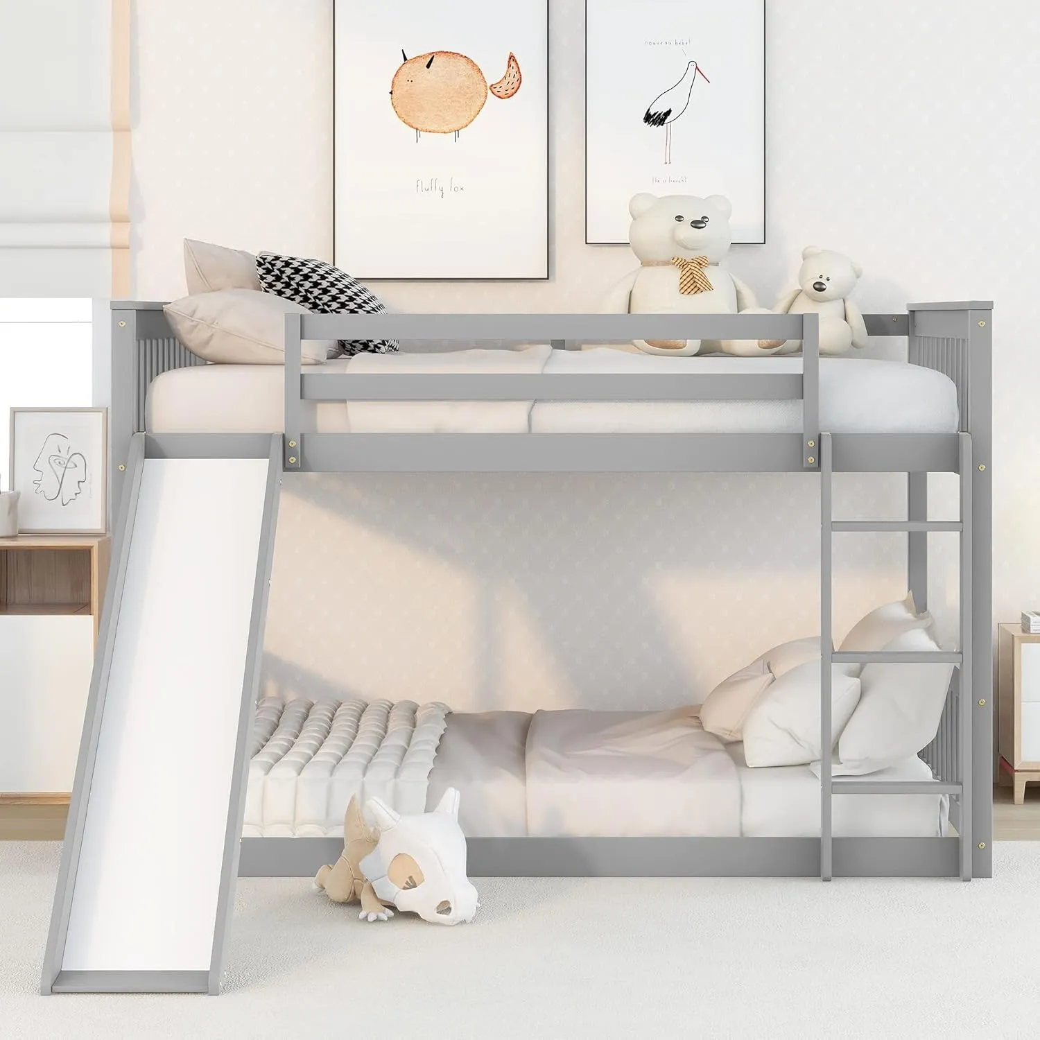 Wood Full Over Full Floor Bunk Bed with Slide and Ladder,for Kids Teens Boys Girls Bedroom Use (Gray@Z, Full Over Full)