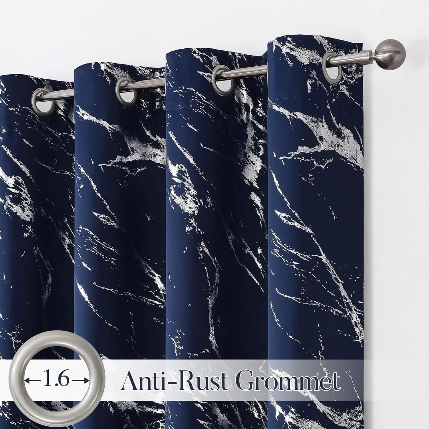 WUBODTI Navy Blue 100% Blackout Patterned Curtains 63 Inch Length 2 Panels, Silver Metallic Marble Printed Thermal Insulated Short Curtain Modern Abstract Drapes for Kids Bedroom Living Room Kitchen