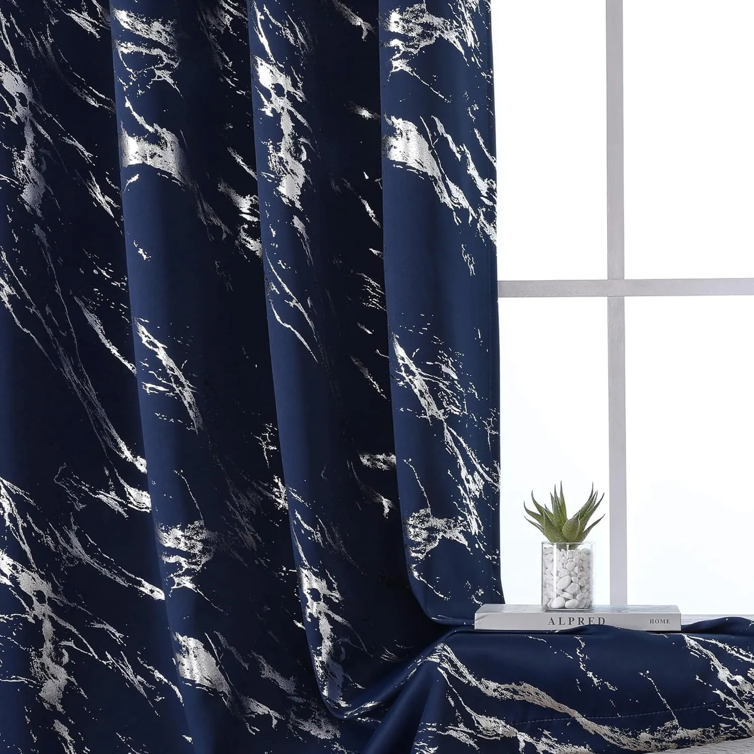 WUBODTI Navy Blue 100% Blackout Patterned Curtains 63 Inch Length 2 Panels, Silver Metallic Marble Printed Thermal Insulated Short Curtain Modern Abstract Drapes for Kids Bedroom Living Room Kitchen