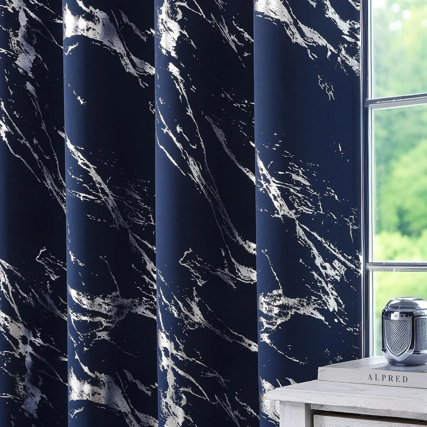 WUBODTI Navy Blue 100% Blackout Patterned Curtains 63 Inch Length 2 Panels, Silver Metallic Marble Printed Thermal Insulated Short Curtain Modern Abstract Drapes for Kids Bedroom Living Room Kitchen