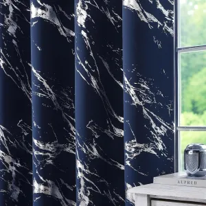 WUBODTI Navy Blue 100% Blackout Patterned Curtains 63 Inch Length 2 Panels, Silver Metallic Marble Printed Thermal Insulated Short Curtain Modern Abstract Drapes for Kids Bedroom Living Room Kitchen