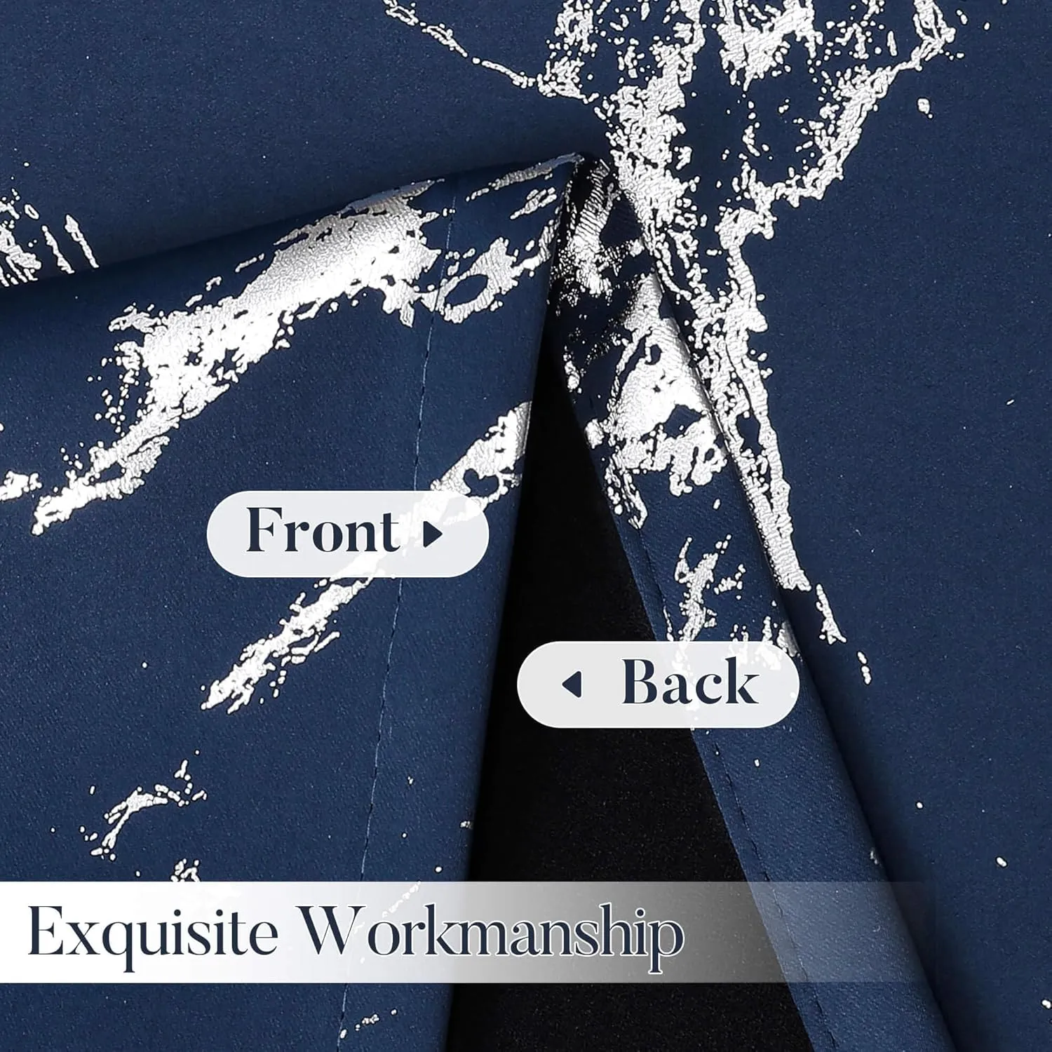 WUBODTI Navy Blue 100% Blackout Patterned Curtains 63 Inch Length 2 Panels, Silver Metallic Marble Printed Thermal Insulated Short Curtain Modern Abstract Drapes for Kids Bedroom Living Room Kitchen