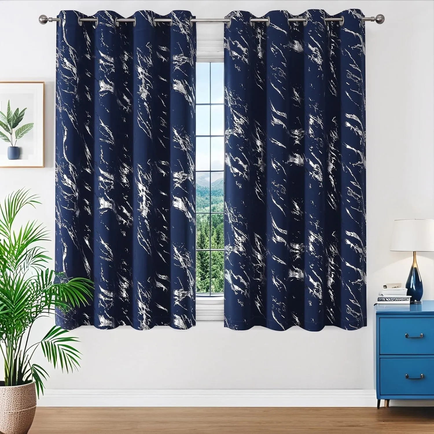 WUBODTI Navy Blue 100% Blackout Patterned Curtains 63 Inch Length 2 Panels, Silver Metallic Marble Printed Thermal Insulated Short Curtain Modern Abstract Drapes for Kids Bedroom Living Room Kitchen