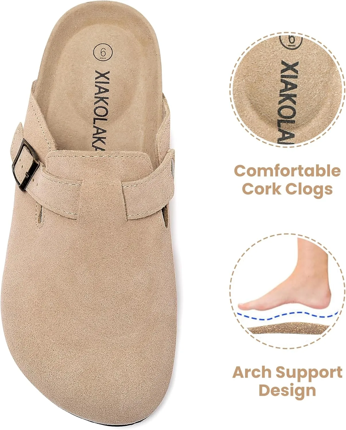 Xiakolaka Women's Suede Clogs Adjustable Buckle Slip on Footbed Home Clog Slippers