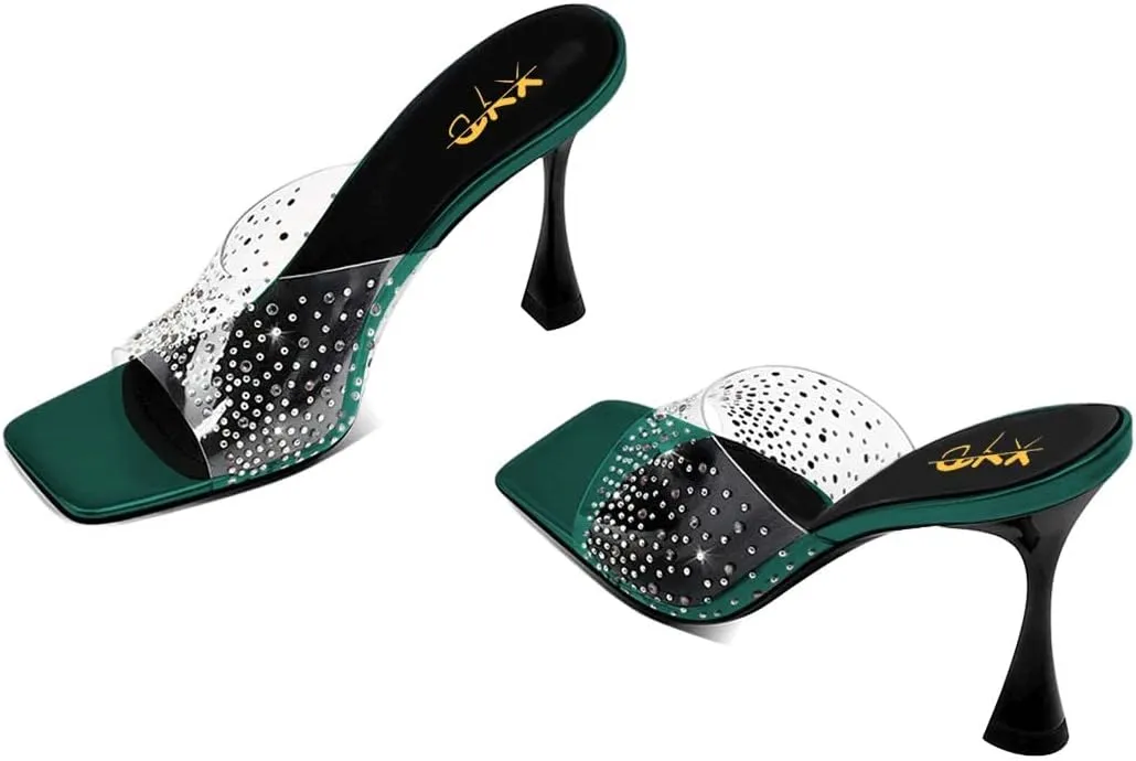XYD Women PVC Rhinestones Slide Sandals Studded Open Square Toe High Heel Backless Mules Dress Party Fashion Shoes