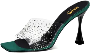 XYD Women PVC Rhinestones Slide Sandals Studded Open Square Toe High Heel Backless Mules Dress Party Fashion Shoes