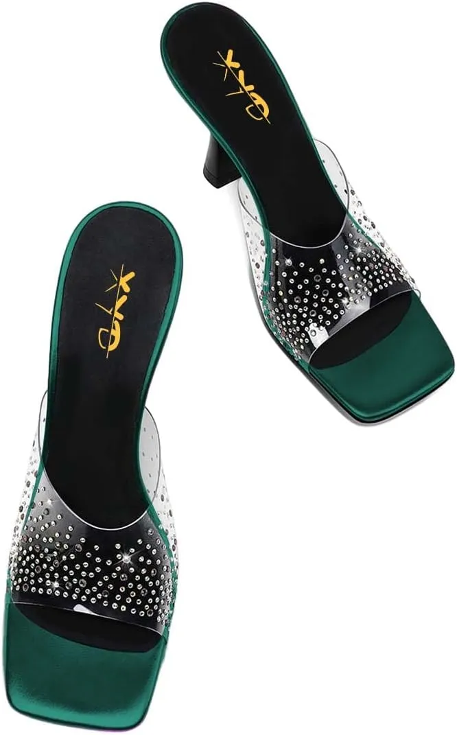 XYD Women PVC Rhinestones Slide Sandals Studded Open Square Toe High Heel Backless Mules Dress Party Fashion Shoes