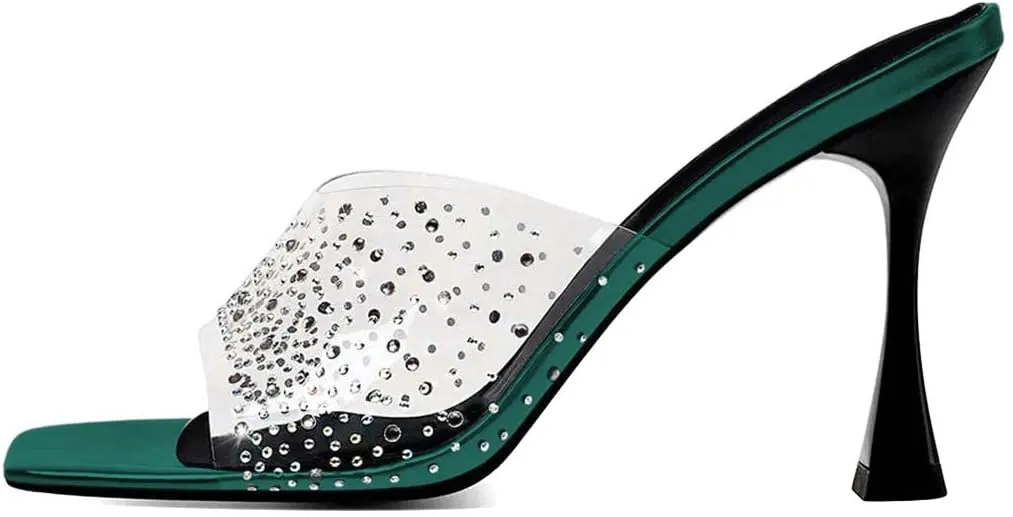 XYD Women PVC Rhinestones Slide Sandals Studded Open Square Toe High Heel Backless Mules Dress Party Fashion Shoes