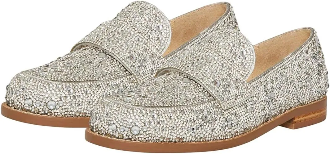XYD Women's Sparkle Penny Loafer Flat Rhinestone Studded Closed Toe Dressy Glam Low Heel Slip On Evening Fashion Shoes