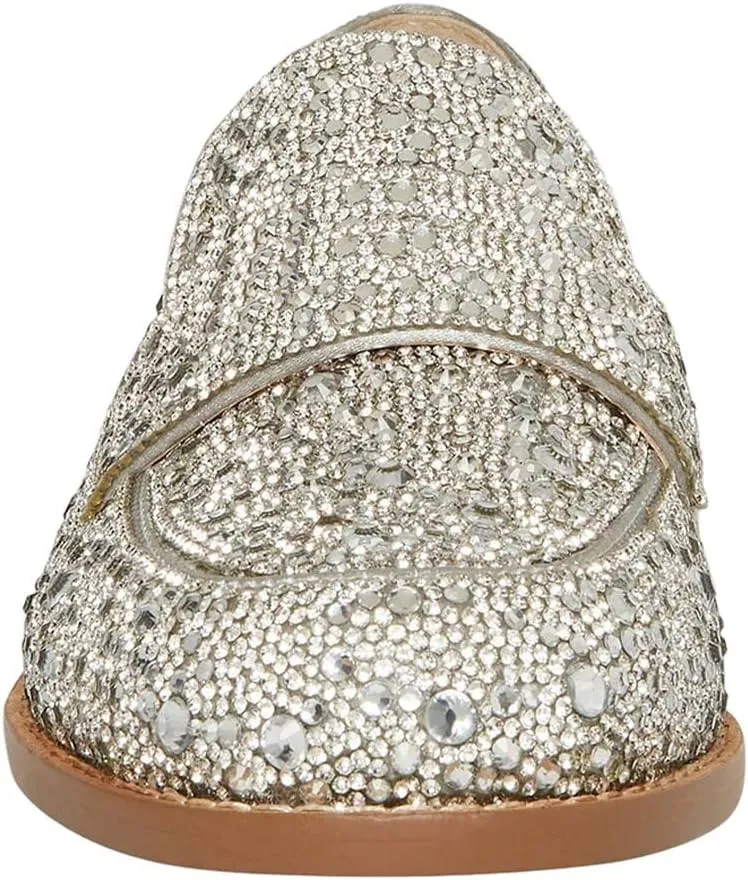 XYD Women's Sparkle Penny Loafer Flat Rhinestone Studded Closed Toe Dressy Glam Low Heel Slip On Evening Fashion Shoes