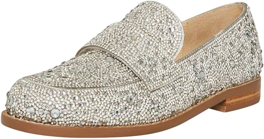 XYD Women's Sparkle Penny Loafer Flat Rhinestone Studded Closed Toe Dressy Glam Low Heel Slip On Evening Fashion Shoes