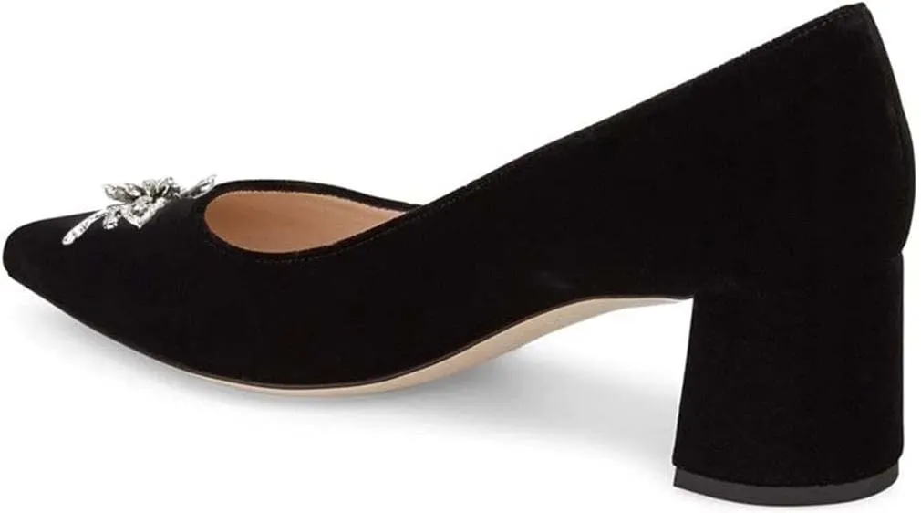YDN Women Chunky Low Heel Pumps Pointy Toe Suede Slip On Classic Casual Block Shoes
