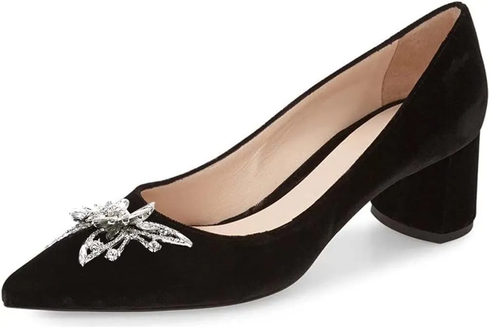 YDN Women Chunky Low Heel Pumps Pointy Toe Suede Slip On Classic Casual Block Shoes