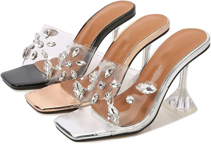 YIYA Clear Transparent Colorful Heeled Sandals for Women Open Square Toe Stiletto Mules Backless Slip on Jeweled Slide Heels Slipper Dress Shoes