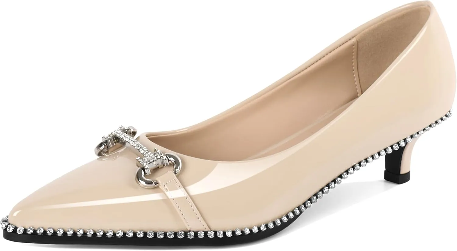 YODEKS Women Low Kitten Heel Pumps Slip On 1.5 Inch Pointed Toe Rhinestones Buckle Shoes Size 5-13