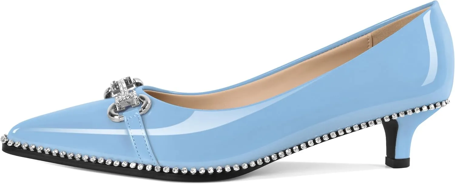 YODEKS Women Low Kitten Heel Pumps Slip On 1.5 Inch Pointed Toe Rhinestones Buckle Shoes Size 5-13