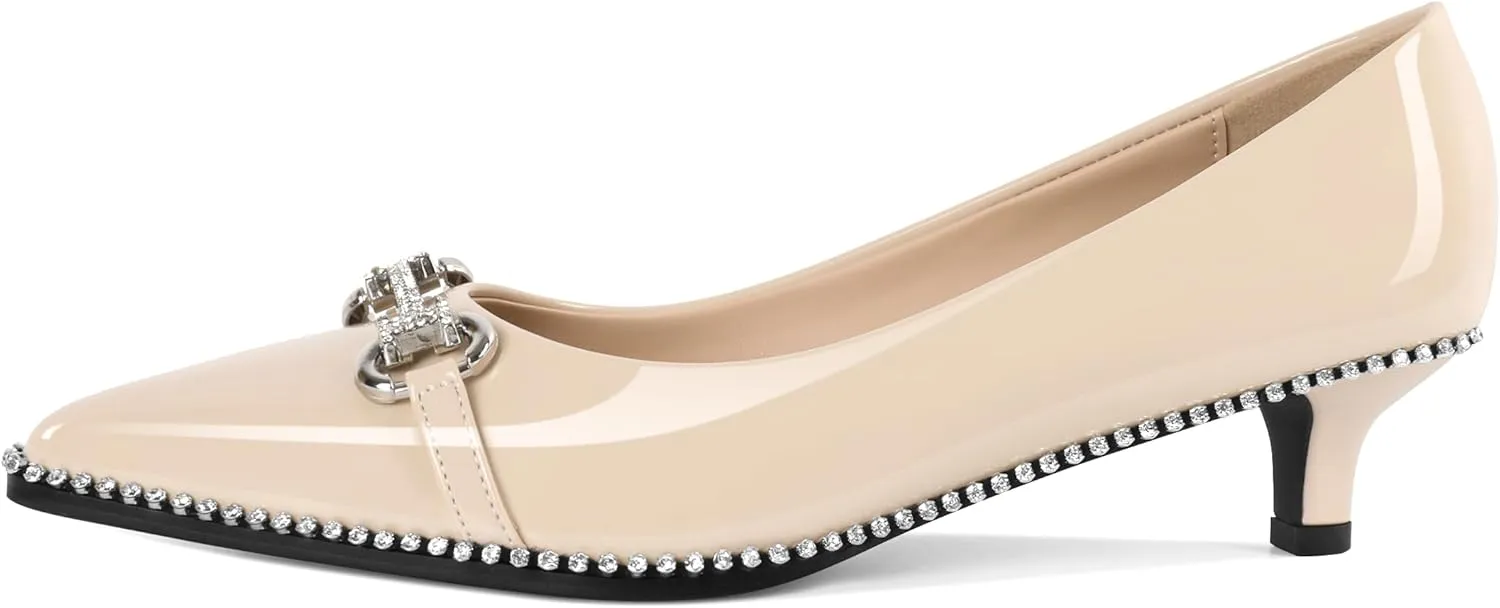 YODEKS Women Low Kitten Heel Pumps Slip On 1.5 Inch Pointed Toe Rhinestones Buckle Shoes Size 5-13
