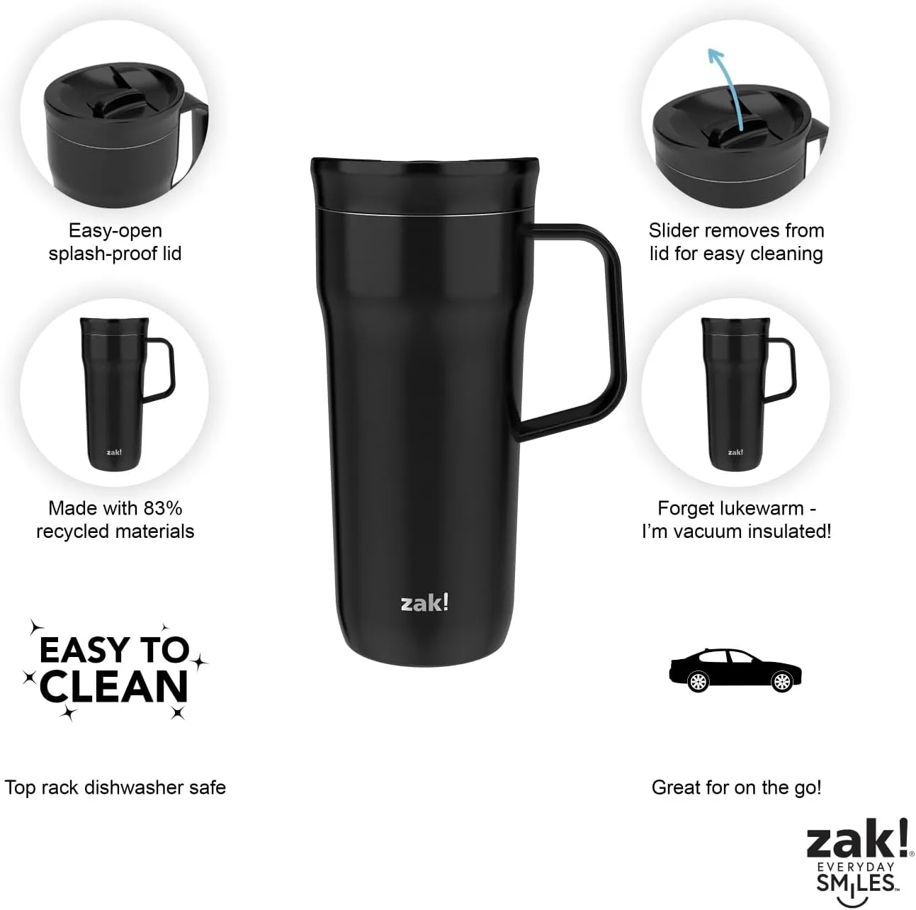 Zak Designs Harmony Tumbler for Travel or At Home, 20oz Recycled Stainless Steel is Splash-Proof and Vacuum Insulated with Slide Lid and Handle (Ebony Black)