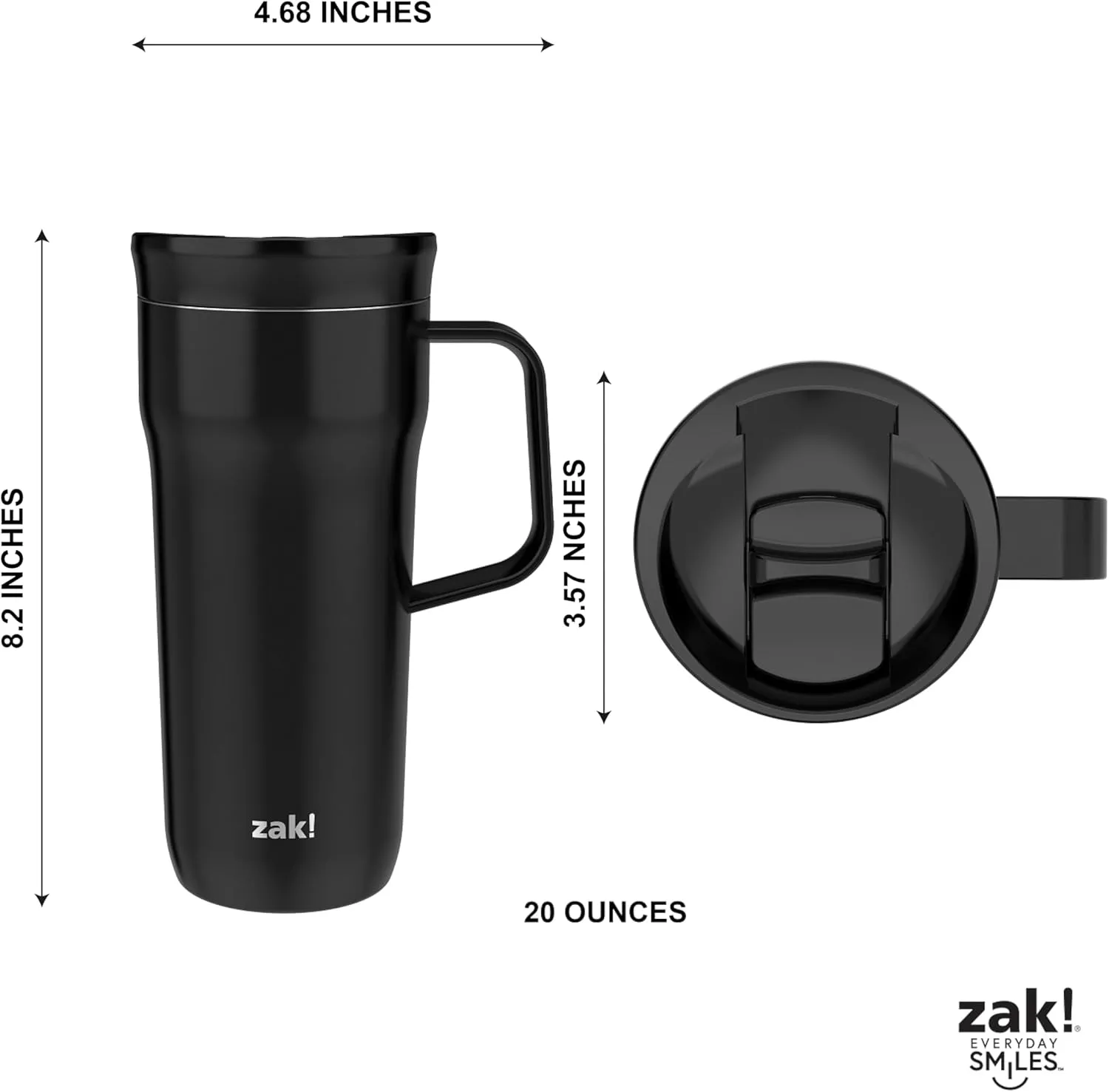 Zak Designs Harmony Tumbler for Travel or At Home, 20oz Recycled Stainless Steel is Splash-Proof and Vacuum Insulated with Slide Lid and Handle (Ebony Black)