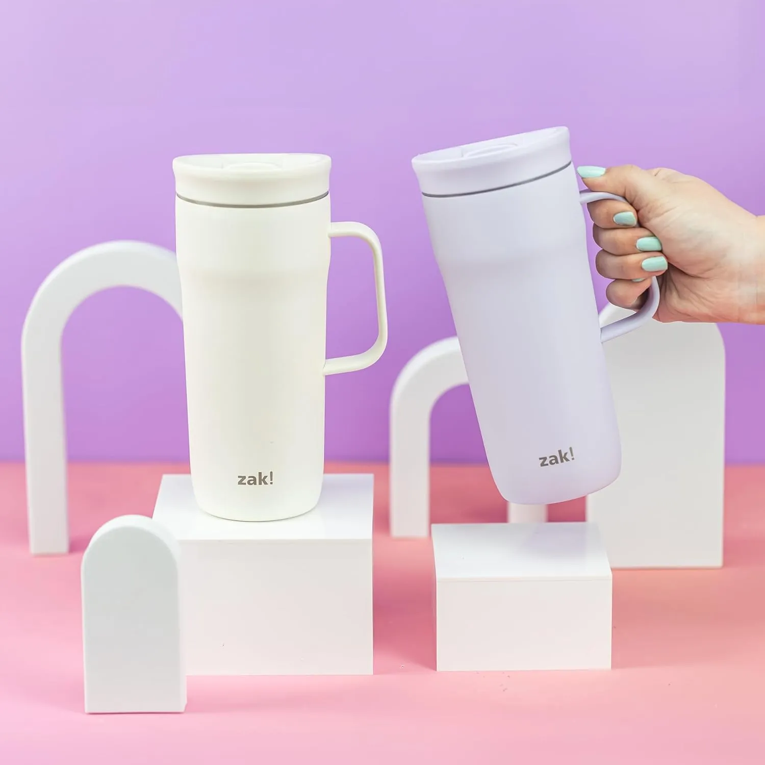 Zak Designs Harmony Tumbler for Travel or At Home, 20oz Recycled Stainless Steel is Splash-Proof and Vacuum Insulated with Slide Lid and Handle (Smoky Lilac Purple)