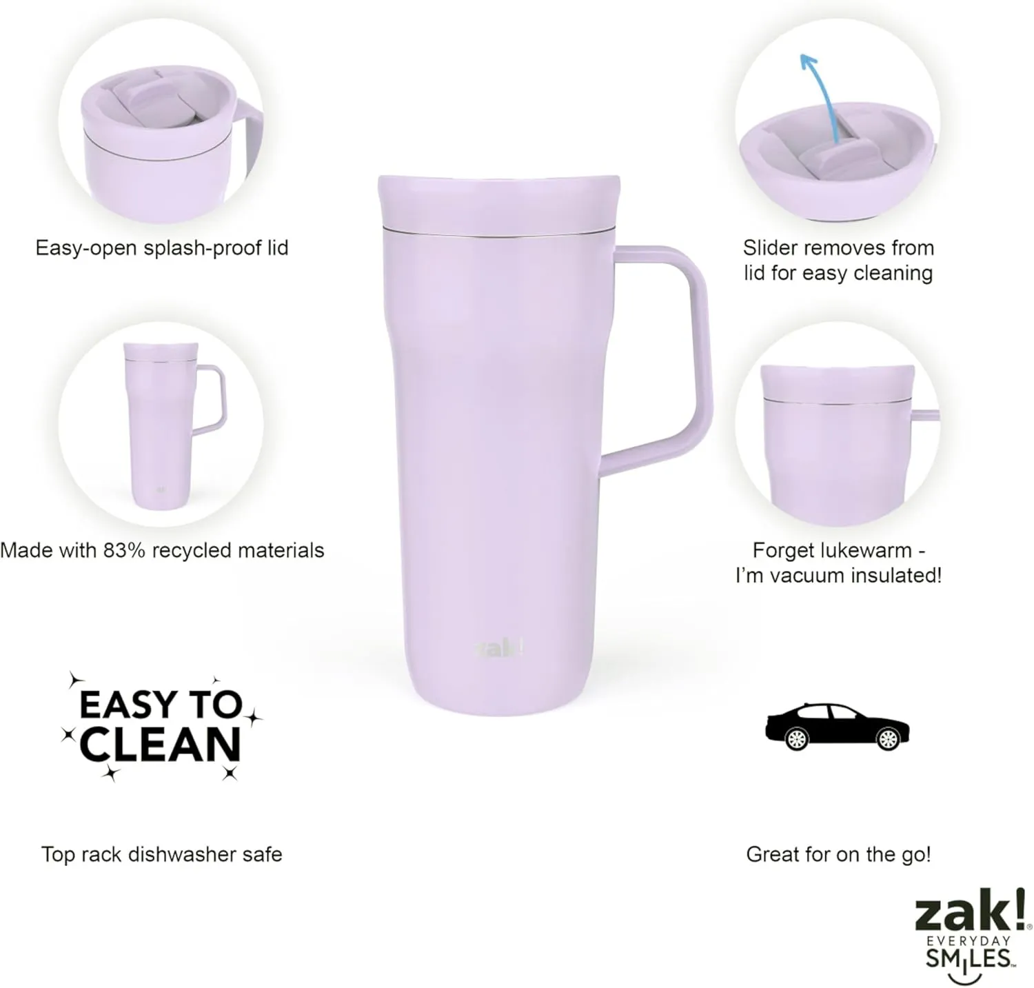 Zak Designs Harmony Tumbler for Travel or At Home, 20oz Recycled Stainless Steel is Splash-Proof and Vacuum Insulated with Slide Lid and Handle (Smoky Lilac Purple)