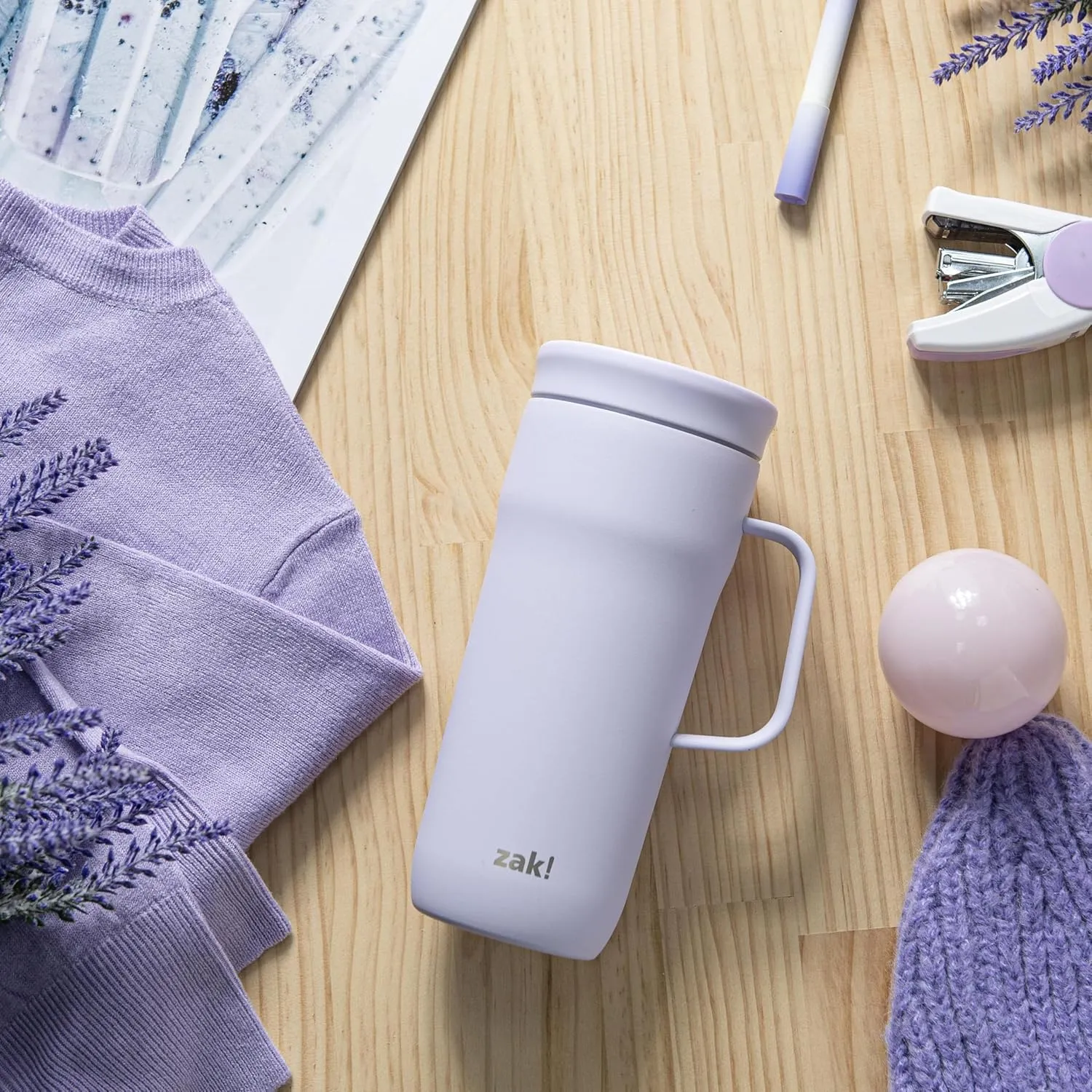 Zak Designs Harmony Tumbler for Travel or At Home, 20oz Recycled Stainless Steel is Splash-Proof and Vacuum Insulated with Slide Lid and Handle (Smoky Lilac Purple)