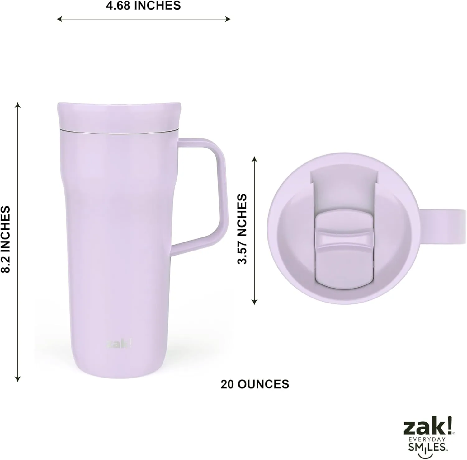 Zak Designs Harmony Tumbler for Travel or At Home, 20oz Recycled Stainless Steel is Splash-Proof and Vacuum Insulated with Slide Lid and Handle (Smoky Lilac Purple)