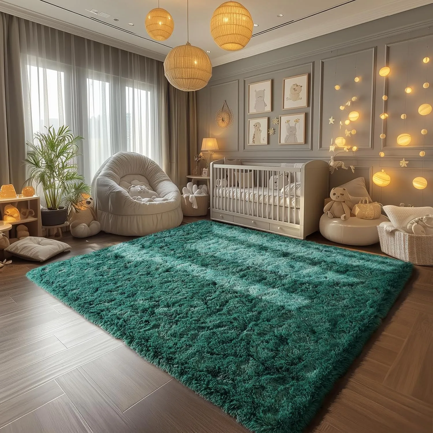 Zentavio Emerald Green Rugs for Bedroom 6x9 Dark Green Area Rugs for Living Room Fluffy Fake Grass Large Carpet for Kids Room Playroom Furry Shag Aesthetic Soft High Pile Washable Home Decor