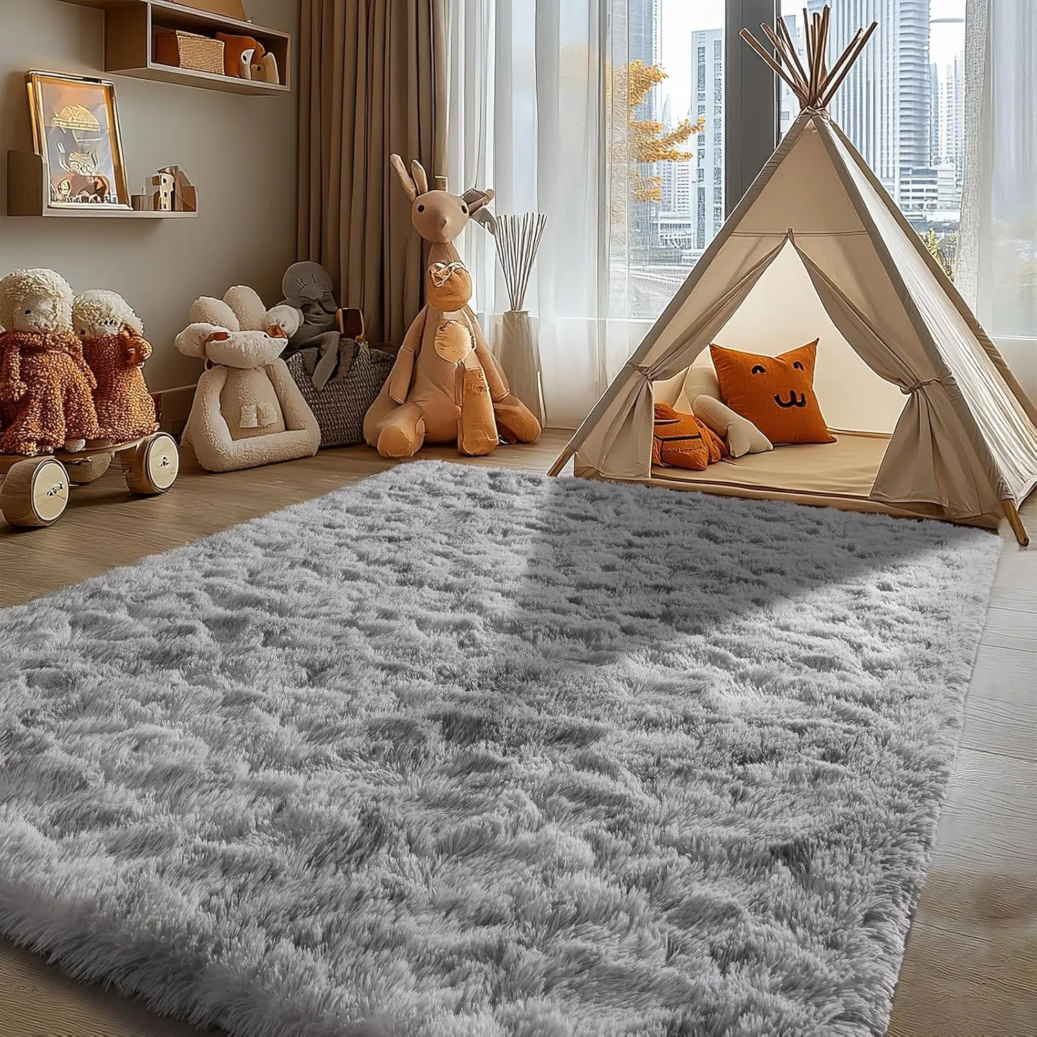 Zentavio Grey and White Area Rugs for Living Room 5x8,Fluffy Shag Large Fuzzy Plush Soft Carpets Floor Shaggy Rugs for Bedroom Carpet for Kids Boys Girls Dorm Nursery Home Decor Aesthetic