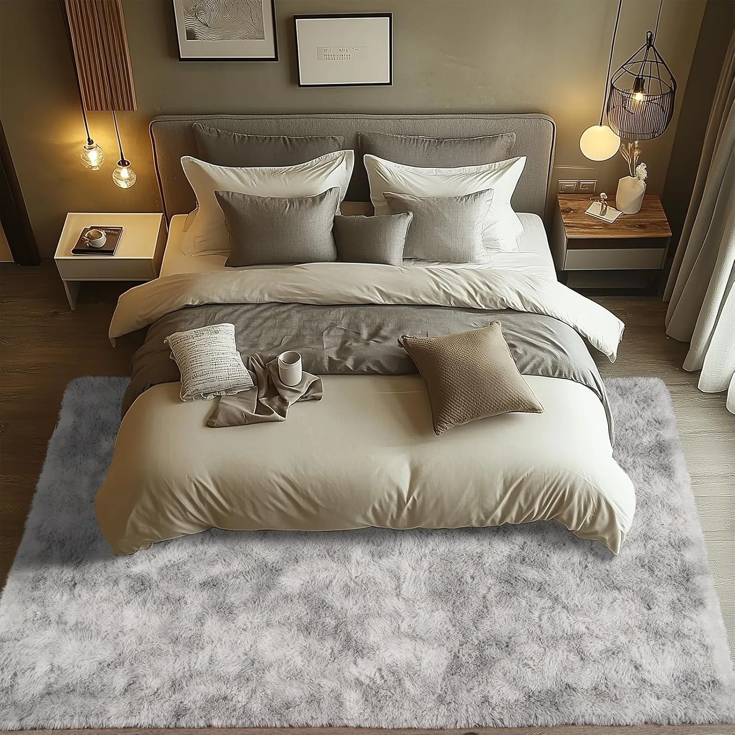 Zentavio Grey and White Area Rugs for Living Room 5x8,Fluffy Shag Large Fuzzy Plush Soft Carpets Floor Shaggy Rugs for Bedroom Carpet for Kids Boys Girls Dorm Nursery Home Decor Aesthetic
