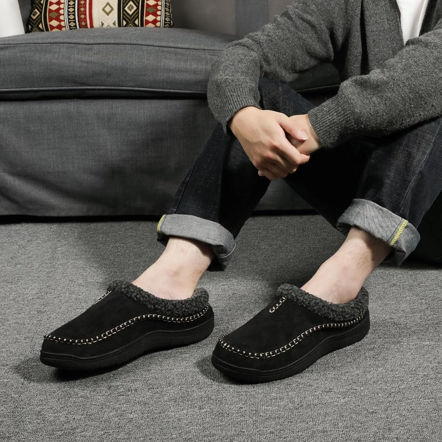 Zigzagger Men's Slip On Moccasin Slippers, Indoor/Outdoor Warm Fuzzy Comfy House Shoes, Fluffy Wide Loafer Slippers